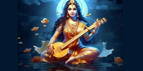 Hindu goddess saraswati mata with her si... | Premium Photo #Freepik #photo #vasant-panchami #basant-panchami #indian-music #saraswati-puja Lord Saraswati, Hindu Goddess Saraswati, Saraswathi Devi, Saraswati Picture, Saraswati Painting, Saraswati Mata, Vasant Panchami, Saraswati Puja, Devotional Topics