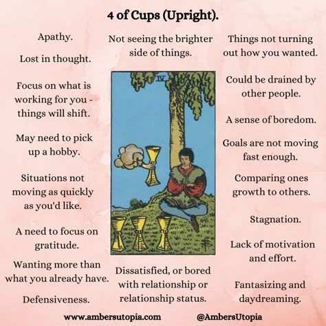 A description and list of what the 4 of Cups means within the Tarot deck, from the suit of cups.

#tarot #4ofcups #suitofcups Suit Of Cups Tarot, Cups Tarot Meaning, 4 Of Cups, Four Of Cups, Divination Magic, Suit Of Cups, Tarot Interpretation, Cups Tarot, Tarot Cards For Beginners