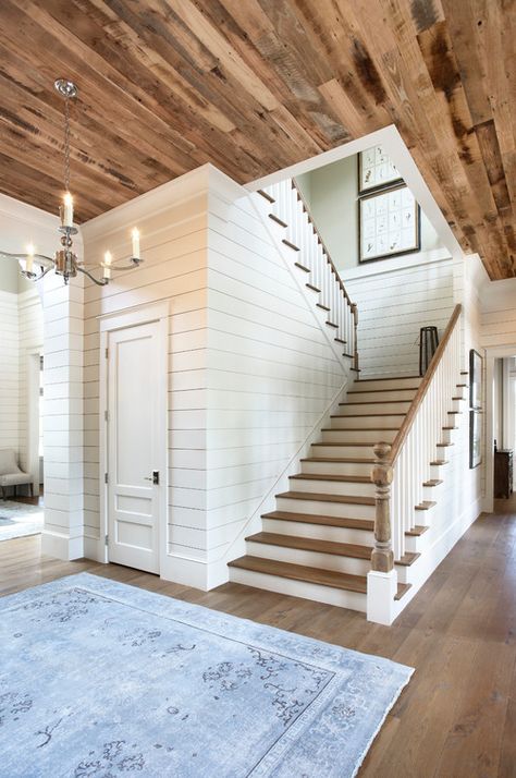 Shiplap within foyer and halfway up landing wall, then add color for interest. Over ceiling to cover popcorn? Shiplap Paneling, تحت الدرج, Shiplap Wood, Basement Floor, Floor Ideas, Unfinished Basement, Bathroom Laundry, Ship Lap Walls, Ideas Bathroom