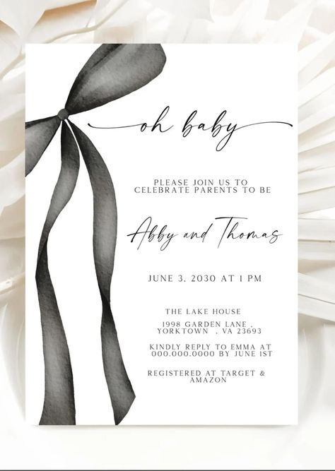 Editable Oh Baby Black Ribbon Baby Shower Invite, Coquette Bow Invitation, Minimalist Baby Party Decor, Black and White,gender Neutral - Etsy Monochrome Baby Shower Ideas, Baby Shower Minimalist, Black And White Gender Reveal, Black Baby Shower Ideas, Black And White Baby Shower Ideas, Minimalist Baby Shower Ideas, Bow Invitation, Monochrome Baby, 20th Birthday Party