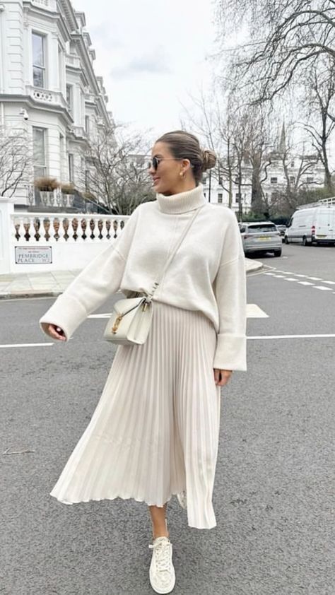 Fashion: #fashion, #style, #outfitinspiration, #beauty Pleated Maxi Skirt Outfit Fall, White Midi Skirt Outfit Winter, Quiet Luxury Vacation Outfits, Synagogue Outfit, Maxi Pleated Skirt Outfit, White Pleated Skirt Outfit, Midi Skirt Outfit Winter, Skirt Outfit Fall, White Outfits For Women