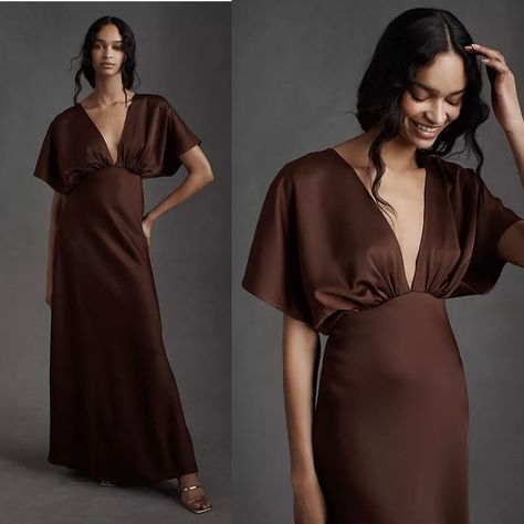 Satin Charmeuse Maxi Dress In Chocolate Bronze Brown. Return Tags Still Attached. Perfect Condition. The Tags Says Size 2 But This Feels Like A Size 6 To Me Shimmer Dress Outfit, Fall Color Bridesmaid Dresses, Brown Dress Plus Size, Brown Wedding Guest Dress, Brown Wedding Colors, Fall Gowns, Brown Formal Dress, Brown Dresses Formal, Chocolate Brown Dress