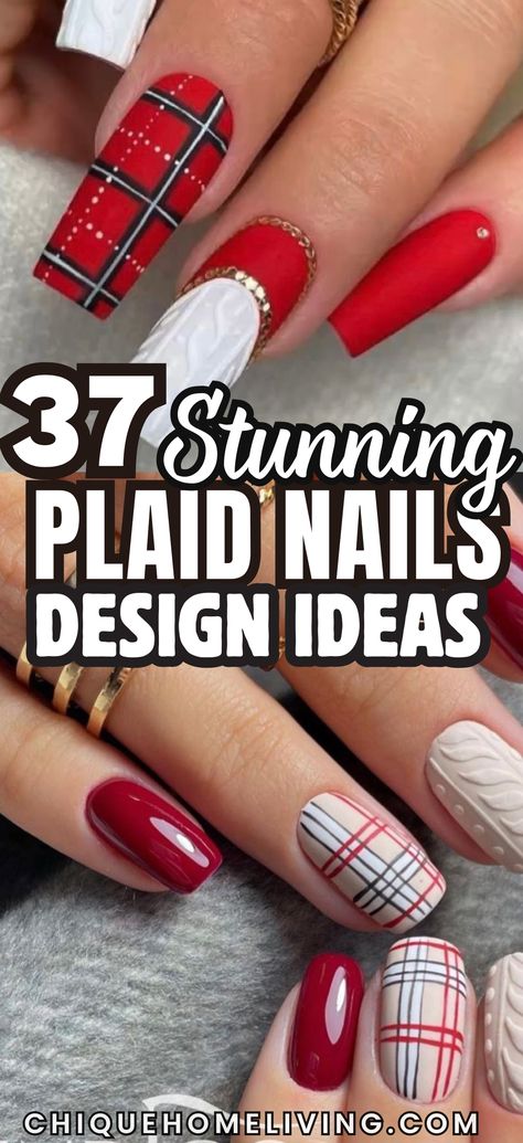 Get your nails ready for sweater weather with these 37 Best Plaid Nail Ideas to Perfect Your Cozy Look! 🧣✨ From classic red and black tartan patterns to modern pastel plaid designs, these nail ideas are perfect for winter vibes. Experiment with matte finishes, glossy topcoats, or even plaid accents paired with solid colors for a chic twist. Add festive touches like glitter stripes or gold detailing to elevate the look. Red Nails With Plaid Accent, Plaid Nail Ideas, Red Plaid Nails, Burberry Nails, Plaid Nail Designs, Plaid Nail Art, Cozy Winter Vibes, Black Tartan, Plaid Nails