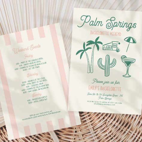 Handdrawn Palm Springs Pink Bachelorette Weekend Invitation Vintage Palm Springs Bachelorette, Palms And Prosecco Bachelorette, Palm Springs Inspired Branding, Bachelorette Party Ideas Palm Springs, Bachelorette Party Themes Palm Springs, Palm Springs Invitation, Kauai Bachelorette, Palm Springs Birthday Theme, Palm Springs Bachelorette Itinerary