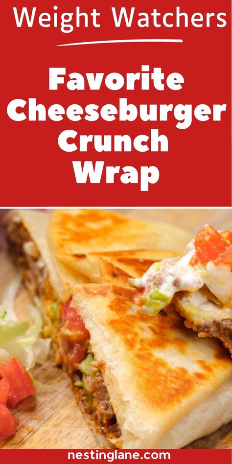 Enjoy all the flavors of a cheeseburger in a lighter, healthier way with this Weight Watchers Cheeseburger Crunch Wrap! This recipe combines a crispy toasted tortilla, juicy lean ground beef, melted cheddar, and fresh veggies for a satisfying meal that’s perfect for lunch or dinner. It’s an easy-to-make option that lets you indulge in a classic taste without the guilt. Whether you're watching your points or just want a delicious, quick meal, this crunch wrap is a tasty choice you’ll love. Weight Watchers Cheeseburger Crunch Wrap, Weight Watchers Wraps Lunches, Weight Watchers Lunch Ideas Easy, Ground Beef Weight Watchers Recipes, Cheeseburger Crunch Wrap, Crunch Wrap Recipe, Toasted Tortilla, Low Points Weight Watchers, Ww Lunch