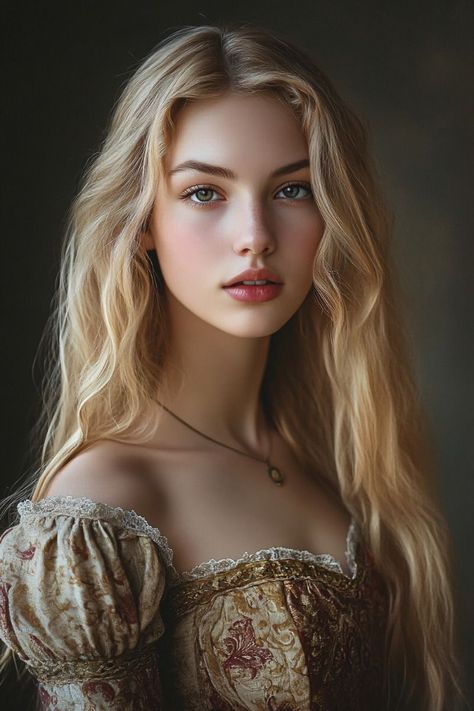 Medieval Face Claim, Blonde Female Character Inspiration, Simple Plain Background, Medieval Portrait, Medieval Female, Noble Woman, Medieval Girl, New Year Dress, Blonde Hair Green Eyes