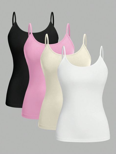 SHEIN EZwear 4pcs Casual & Simple Style Camisole Tank Tops For Women, SummerI discovered amazing products on SHEIN.com, come check them out! Tops For Women Summer, Teen Clothes, Baddie Tips, Womens Camisoles, Shein Outfits, Arte Popular, Tank Top Camisole, Teenage Fashion Outfits, Kids Beachwear