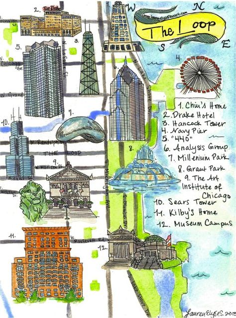 The Loop, Chicago, illustrated map by www.laurenelysefineart.com Chicago The Loop, Chicago Map Illustration, Chicago Subway Map, Illustrated City Map, Chicago Loop Map, Map Of Chicago, Chicago Travel Guide, Millenium Park, Chicago Vacation