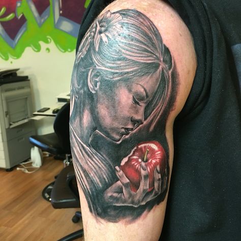 Adam and Eve tattoo black and grey with color half sleeve. Apple! Follow @jo3ball on Instagram thanks!! Eve Eating Apple Tattoo, Woman Eating Apple, Adam And Eve Tattoo, Sister Symbol Tattoos, Eve Tattoo, Scarface Quotes, Sin Tattoo, Apple Tattoo, Woman Eating