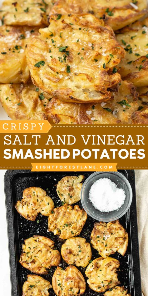 Looking for a delicious side dish recipe for dinner? These Crispy Salty and Vinegar Smashed Potatoes have that classic salty and tangy combination of flavors. Add this potato recipe to your best side dish ideas! Crispy Pub Potatoes, Food With Potatoes, Easy Veggie Sides, Vinegar Potatoes, Dinner Light, Parmesan Potato Recipe, Potato Side Dishes Easy, Salt And Vinegar Potatoes, Side Dish Ideas