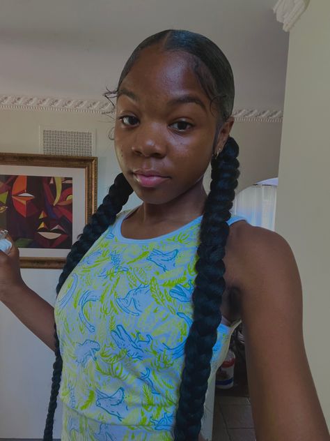 Two Low Braids Hairstyle, 2 Braid Pigtails, Twin Braids Hairstyles Black, Braided Pig Tails Hairstyles, Two High Braided Ponytails, Two Ponytails Braids, Two Braids With Bows, 2 Braids Ponytail, Short Braided Ponytail