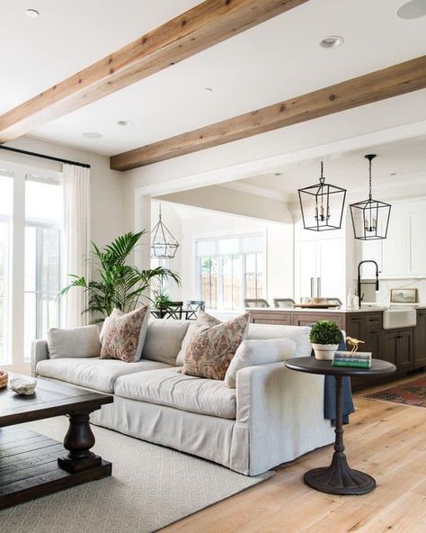 Flat Ceiling Beams Living Room, Beans In Living Room, Beams In Small Living Room, Encased Opening Living Room, Wood Beam Living Room Ceiling, Inset Ceiling With Beams, Family Room Wood Beams, Wood Beam Family Room, Beams With Recessed Lighting