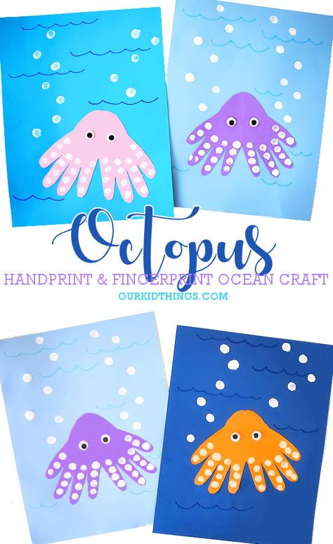 Handprint Ocean Crafts, Octopus Crafts For Preschoolers, Octopus Projects For Kids, Daycare Summer Crafts, Ocean Life Crafts For Toddlers, Octopus Footprint Art, Octopus Craft Kindergarten, Preschool Octopus Craft, Octopus Handprint Craft