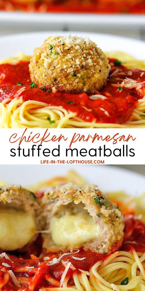 Chicken Parmesan Stuffed Meatballs will quickly become a dinner time favorite. The surprise cheesy center will have everyone asking for more! Chicken Cheese Meatballs, Surprise Dinner Ideas, Cheesy Chicken Meatballs, Spaghetti Stuffed Meatball Recipe, Chicken Parmigiana Meatballs, Chicken Parmesan Meatballs Recipe, Stuffed Meatball Recipes, New Recipes 2023, Chicken Meatball Dinner