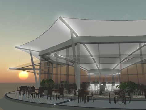 China Tensile Structures for Restaurant | Open Air Food Court Canopies, Shades, Roof supplier Tensile Roof, Food Court Design, Open Air Restaurant, Steel And Concrete, Small Cabins, Tensile Structures, Commercial Complex, Don Bosco, Roof Architecture