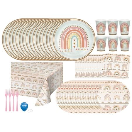 Throw an elegant Boho Rainbow Party with these Boho Rainbow tableware and decorations. Boho Rainbow party supplies are great for Boho Baby Showers and Boho Birthday parties. User for girl parties, boy parties, boy baby showers, girl baby showers, and 1st birthday parties. Size: Table Set for 16.  Color: White. First Birthday Boho Rainbow Theme, Muted Rainbow Baby Shower Ideas, Rainbow Boho Baby Shower Ideas, Boho Birthday Party Girl, Onederful Birthday Party Girl, Boho Birthday Decorations, Rainbow Baby Shower Theme, Boho Rainbow Birthday Party, Rainbow Party Supplies