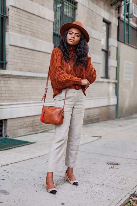 Rust Rust Trousers Outfit Women, Rust Brown Sweater Outfit, Rust Sweatshirt Outfit, Mock Turtleneck Outfit, Rust Colored Sweater, Womens Rust Sweater, Beige Linen Pants, Mustard Outfits, Monroe Steele