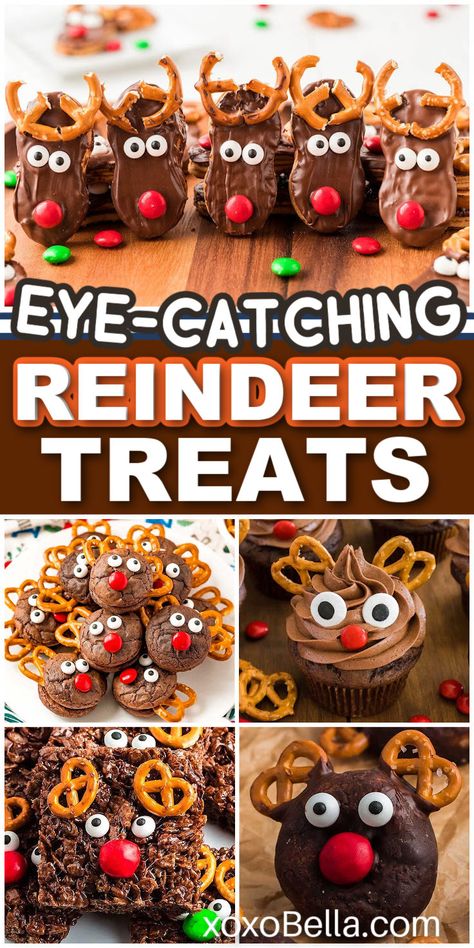 Reindeer themed treats for Christmas Christmas Treats Daycare, Brownie Reindeer Christmas Treats, Rudolph Food Ideas, Reindeer Droppings Recipes, Reindeer Treats For Kids, Reindeer Themed Food, Make Ahead Christmas Treats, Rice Krispie Christmas Treats, Reindeer Snacks For Kids