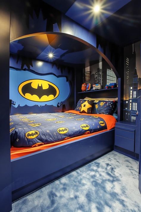 25 Cool Bedroom Designs Every Toddler Boy Will Love Boys Room Ideas Shared, Batman Kids Room, Marvel Bedroom Decor, Batman Themed Bedroom, Batman Room Decor, Batman Bedroom, Marvel Bedroom, Batman Room, Bedroom Design Diy