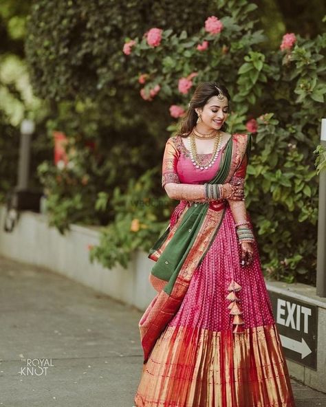 Of Beauty & Grace: South Indian Bridal Saree Draping Styles | WeddingBazaar South Indian Haldi Look, Pattu Saree Poses, Half Saree Dupatta, Pattu Lehanga Designs, Bridal Saree Draping, Simple Dupatta, Half Saree Designs South Indian, Pattu Lehenga Half Saree, South Indian Bridal Saree