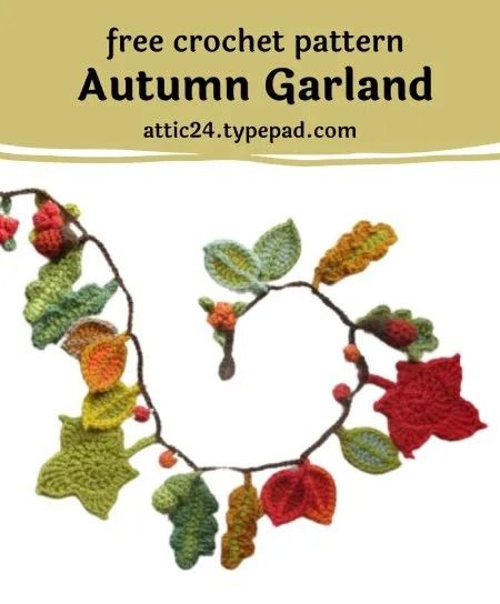 Free Crochet Pattern Autumn Garland · Free Crochet Patterns Autumn Crochet Bunting, Fall Crochet Garland Pattern Free, Crochet Acorn Garland, Crochet Autumn Decor Free Pattern, Autumn Garland Crochet, Fall Crochet Decor Patterns Free, Fall Crochet Garland Pattern, Crochet Autumn Leaves Free Pattern, Crochet Autumn Garland