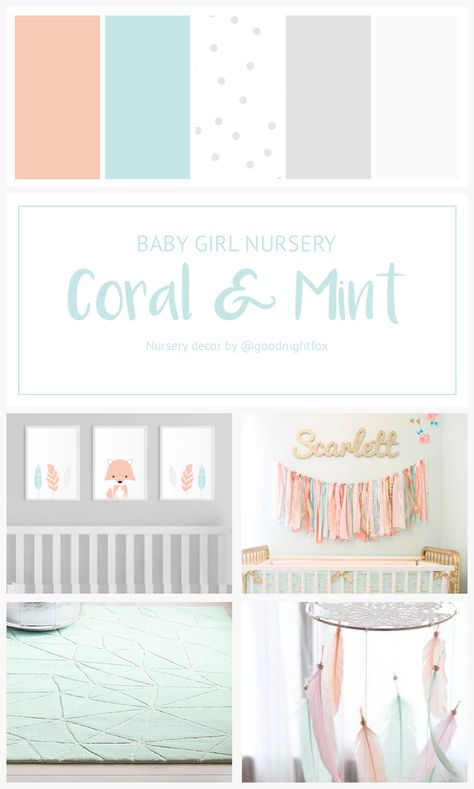 Mint Nursery Girl, Mint Green Nursery, Coral Baby Girl Nursery, Nursery Color Palette, Turquoise Nursery, Nursery Color, Mint Nursery, Baby Room Colors