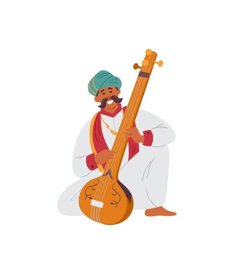 Indian Man In Turban Playing Traditional String Musical Instrument Tampura. Vector Illustration. Isolated On White. Music Mural, Indian Instruments, Graphic Wedding Invitations, Wedding Illustration Card, Coreldraw Design, Indian Musical Instruments, Digital Invitations Design, Envelopes Design, Digital Wedding Invitations Templates