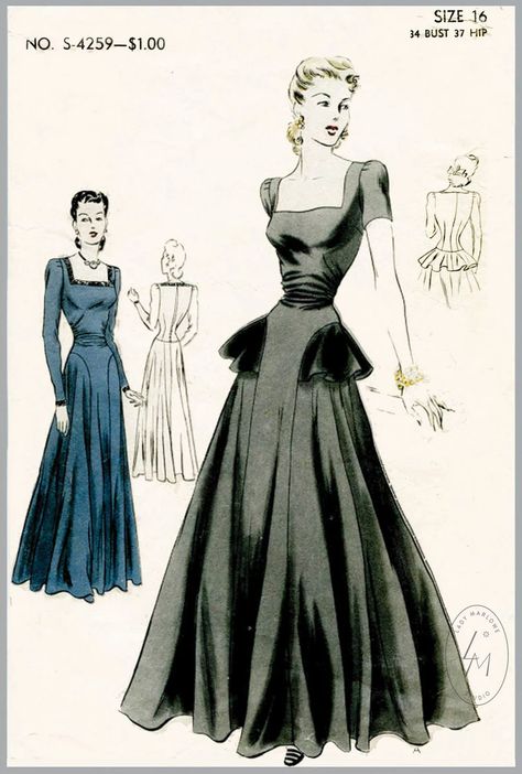 1940s Evening Dresses, Vintage Sketches, Evening Gown Pattern, Construction Images, Vintage Evening Gowns, Lilli Ann, Vogue Vintage, Fashion 1940s, Gown Pattern