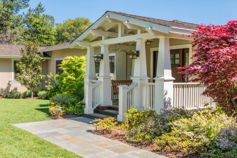 Craftsman Style Front Porch Decor, Craftsman Front Porch Decor, Front Porch Add On, Craftsman Portico, Ranch To Craftsman, Front Porch Addition On Ranch House, Craftsman Porch Railing, Craftsman Porch Columns, Craftsman Front Porch Ideas