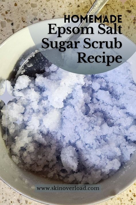 Homemade Epsom Salt Sugar Scrub Recipe Essential Oil Epsom Salt Recipes, Diy Epsom Salt Scrub Recipe, Homemade Salt Scrubs Recipes, Homemade Epsom Salt Soak, Epson Salt Scrub Recipes, Epsom Salt Body Scrub Diy, Diy Sugar Scrub Coconut Oil, Epsom Salt Scrub Diy, Diy Epsom Salt Scrub