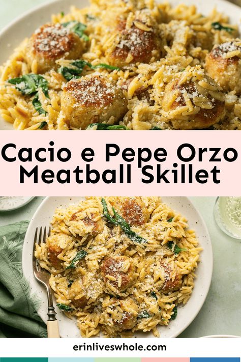 Enjoy the cheesy flavors of the classic Italian dish with this delicious Cacio e Pepe Chicken Meatball Skillet recipe. Made with lots of pecorino romano, this cheesy dish features chicken meatballs served atop a bed of creamy orzo. Orzo And Meatball Recipe, Orzo And Meatballs Recipes, Chicken Meatball Orzo, One Pan Chicken Meatballs With Orzo, Chicken Pesto Meatballs With Creamy Orzo, Meatball Skillet, Spinach Bread, Creamy Orzo, Chicken Meatball