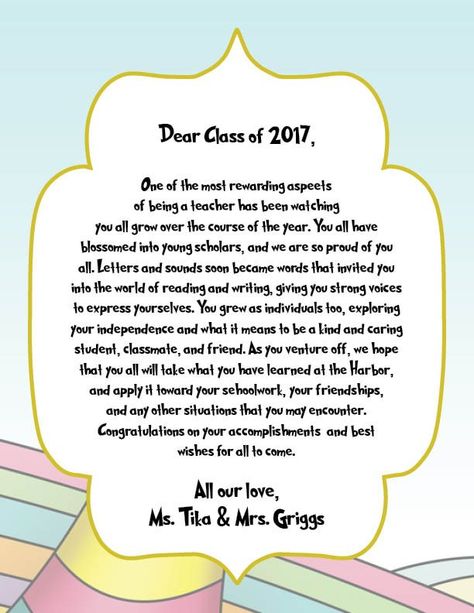 Preschool Graduation Teacher Speech, Preschool Graduation Letter From Teacher, Preschool Graduation Speech From Teacher, Preschool Graduation Speech, Graduation Letters, Kindergarten Graduation Ceremony, Graduation Letter, Elementary Graduation, Memory Book School