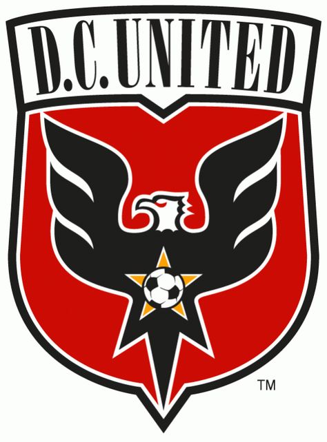 D.C. United Primary Logo (1998) - Black eagle with wings spread out on a red shield with script Dc United, Mls Soccer, Soccer Logo, Club Badge, Toronto Fc, Sports Team Logos, Wayne Rooney, Major League Soccer, Usa Soccer