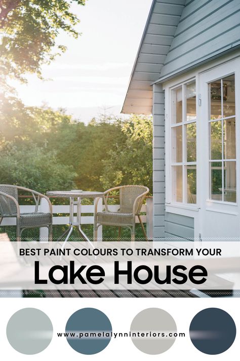 Colour Expert shares her top rated exterior paint colours for your lakehouse, cottage and cabin. Exterior Paint For Lake House, Exterior House Colors Lake House, Craftsman Cottage Exterior Colors, Outdoor Cottage Colors Exterior Paint, Two Tone Cottage Exterior, Lakehouse Siding Ideas, Bunkie Exterior Colours, Small Lake Houses Exterior, Camp Exterior Paint Colors