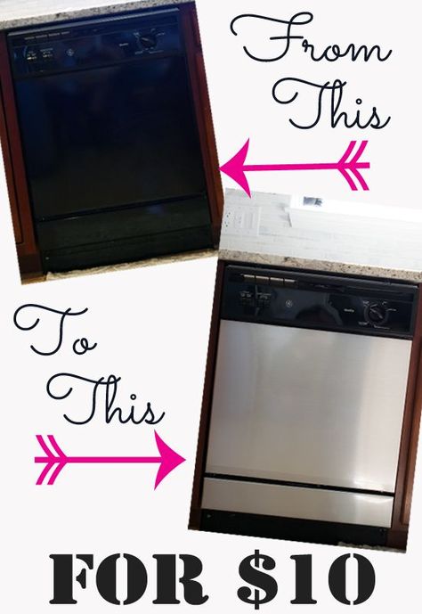 Covering a dishwasher with contact paper - so cheap! and takes an old scratched appliance to look like stainless steel Diy Kitchen Backsplash Cheap, Stainless Steel Contact Paper, Backsplash Cheap, Trendy Kitchen Backsplash, Stainless Steel Backsplash, Steel Backsplash, Diy Kitchen Backsplash, Dc Fix, Dishwasher Cover