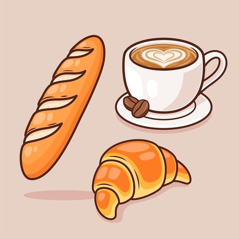 Breakfast Ideas Drawing, Cute Breakfast Drawing, Breakfast Drawing Easy, Breakfast Illustration Food, Croissant Drawing Simple, Breakfast Drawing Illustration, Bread Drawing Simple, Coffee Drawing Ideas, Food Drawing Cute