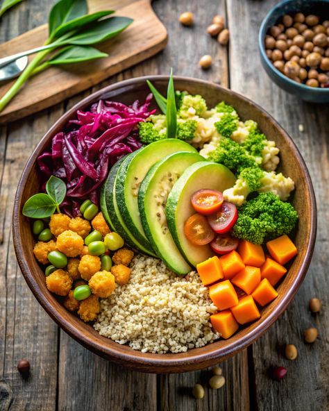 Quinoa Low Calorie Recipes, Plant Based Healthy Recipes, Vegan Buddha Bowl Recipes, Vegan Rice Bowl, Rice Bowls Vegetarian, Quinoa And Chickpeas, Low Calorie Vegetarian Recipes, Vegan Bean Burger, Rice Bowls Healthy