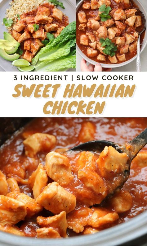 Three ingredients and a crock pot is all you need to make this healthy dinner. Sweet Hawaiian Chicken is sweetened with pineapple and perfectly balanced with a smokey bbq kick! Simply add your ingredients and let it simmer away! Hawaii Chicken Crock Pot, Hawian Chicken Crockpot Recipes, Chicken Crockpot Dump Recipes, Crockpot Whole 30, Sweet Hawaiian Chicken, Hawaiian Chicken Crockpot, Hawaiian Dinner, Crockpot Dump Recipes, Pork Crockpot Recipes