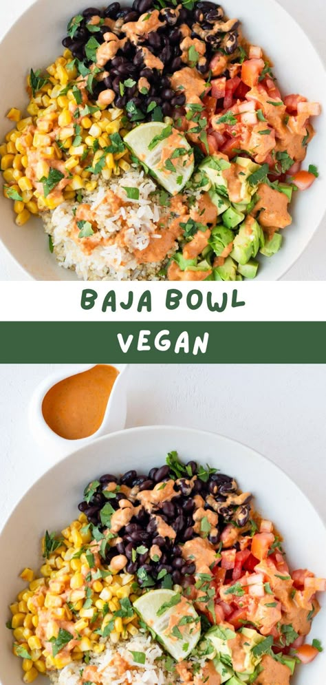 This 20-minute vegan Baja Bowl recipe is healthy, easy, and packed with flavor. It's a combination of quinoa rice, black beans, sweet corn, tomato, and avocado with a creamy mayo-free chipotle dressing. Make this budget-friendly plant-based dinner your go-to weeknight dinner! Vegan Southwest Bowl, Chickpea & Quinoa Bowl With Roasted Red Pepper Sauce, Baja Recipes, Vegan Chipotle Bowl, Plant Based Whole Food Recipes, Baja Bowl, Rice Bowls Vegetarian, Healthy Bowls Clean Eating, Bowl Dinners