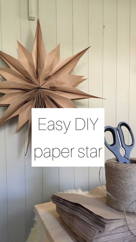 Brown Paper Bag Stars Diy, String Snowflakes Diy, Brown Bag Snowflake Diy, Big Paper Stars Diy, Paper Bag Stars Diy Pattern, Diy Paper Bag Snowflakes, Brown Paper Snowflakes, Paperbag Stars Brown Bags, Wrapping Paper Ornaments