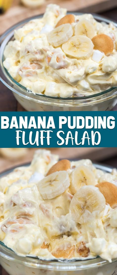 This isn't any old Banana Pudding recipe - it's a Banana Pudding Fluff Salad! This easy no-bake dessert salad is full of bananas and Nilla Wafers and is the perfect alternative to traditional banana pudding. Banana Pudding Fluff, Pudding Fluff, Keto Pudding, Easy Banana Pudding, Fluff Salad, Dessert Halloween, Banana Pudding Recipe, Avocado Pudding, Fluff Recipe