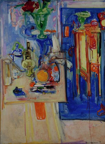 Table with Teakettle, Green Vase and Red Flowers — Calisphere Ludwig Meidner, Neo Rauch, Horst Janssen, Hans Thoma, Hans Hofmann, André Derain, George Grosz, Richard Diebenkorn, Franz Kline