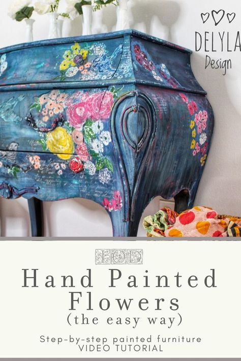 If you love Bohemian hand-painted furniture and want to learn how to do it yourself, check out this video tutorial on the easy way to hand paint flowers. DIY vintage whimsical roses on your next shabby chic dresser or table top makeover with these step-by-step instructions. #PaintedFurniture #DIYHomeDecor #BohoFurnitureMakeover Table Top Makeover, Flowers On Furniture, Floral Painted Furniture, Iod Stamps, Chic Dresser, Farmhouse Style Furniture, Vintage Whimsical, Paint Flowers, Decoupage Furniture