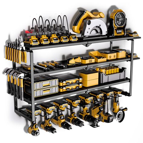 PRICES MAY VARY. Upgraded tool storage with power strip: Power tool organizer with charging station, comes with 6 outlets, Very convenient for charging your tool batteries. which can keep rechargeable tools organized in the work area and save your bench space. 50ft 14AWG power cord included,output: 125V/15A/1875W Extra Large 8 Drill Holders and 4 Layers High Capacity Design: This wall-mounted power tool storage features a 4-layer high-capacity design. You can hang at least 8 power drills, impact Wall Tool Organizer, Power Tool Organizer, Power Tool Storage, Drill Holder, Utility Shelves, Tool Room, Úložný Box, Tool Rack, Tool Box Storage