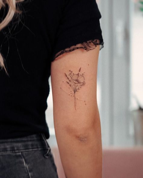 Small Tattoos Ideas, Back Of Arm Tattoo, Small Girly Tattoos, Lavender Tattoo, Minimal Tattoo Design, Taurus Tattoos, Poppies Tattoo, Cute Tiny Tattoos, Arm Tattoos For Women