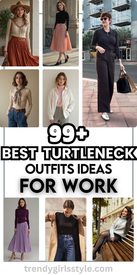 Discover 99+ stylish turtleneck outfit ideas perfect for work, from cozy knits to sleek, professional looks. Whether pairing with trousers, skirts, or blazers, these outfits offer comfort and sophistication for every office setting. Stay warm and chic all season long! Floral Turtleneck Outfit, How To Style Turtle Neck Tops, Turtleneck Outfit Women, Casual Turtleneck Outfit, Creme Turtleneck, Turtleneck Outfit Ideas, How To Wear Turtleneck, Turtleneck Outfits, Floral Turtleneck