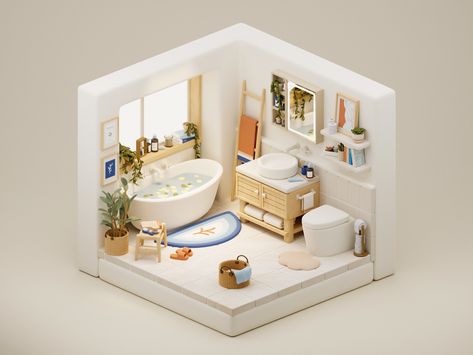 This little isometric bathroom is a personal project I made to practise 3D modelling in Blender. The colours are mainly inspired by a carpet made by the designer Ekhi Busquet and Atelier Paolo "La Belle Bleue". Isometric Bathroom, Interior Concept Art, 3d Isometric, House Interior Design Styles, Bathroom Model, Baby Bathroom, Graphic Design Infographic, Doll House Plans, Baby Room Design