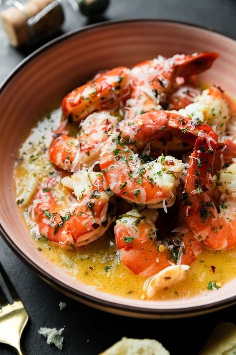 Prosecco Butter Poached Shrimp (Easy, 5-Ingredient Recipe!) | PWWB | Recipe | Colossal shrimp recipes, Healthy bowls recipes, Cooking seafood Fish Date Night Dinner, Recipes For Entertaining Main Dishes, Amazing Shrimp Recipes, Christmas Meal For 2, Shrimp And Fish Recipes, Christmas Seafood Recipes, Christmas Fish Recipes, New Years Eve Meal, Gourmet Shrimp Recipes