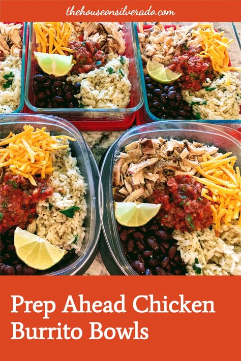 Meal Prep Chicken Burrito, Burrito Bowl Meal Prep, Meal Prep Chicken, Chicken Burrito Bowls, Freezable Meals, Prep Meals, Chicken Burrito, Chicken Burrito Bowl, Prep Bowls