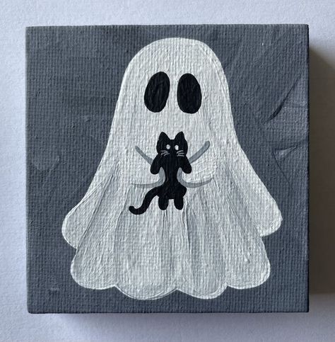 Painting With 3 Colors, Some Paintings For Beginners, Ghosts Doing Things Drawing, Canava Paintings Ideas, Halloween Painting Inspo Easy, Paint Night Ideas Halloween, Halloween Painting On Black Canvas, Simple Cute Paintings On Canvas Easy Diy, Halloween Cat Painting Easy